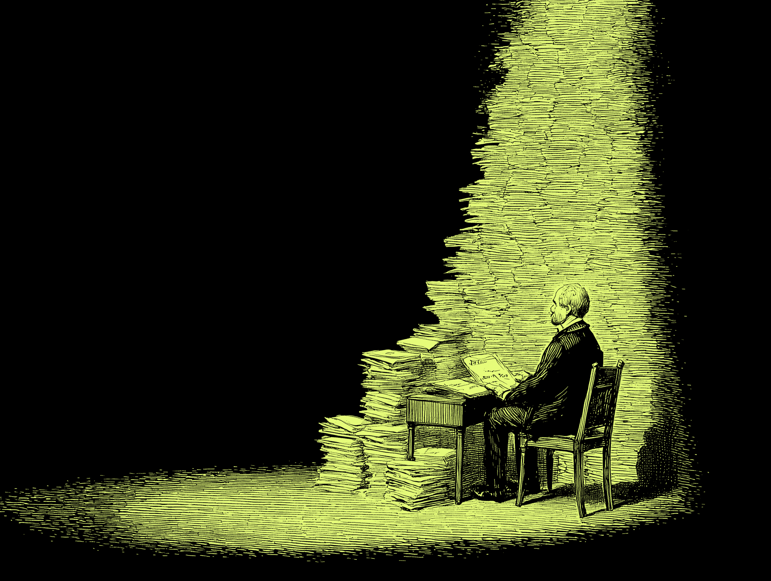 Ilustración de una persona sentada en un escritorio, rodeada por una gran pila de documentos que se eleva, representando la complejidad de la gestión empresarial.