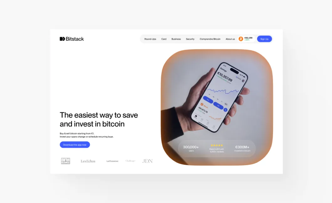Bitstack website homepage: the easiest way to save in bitcoin