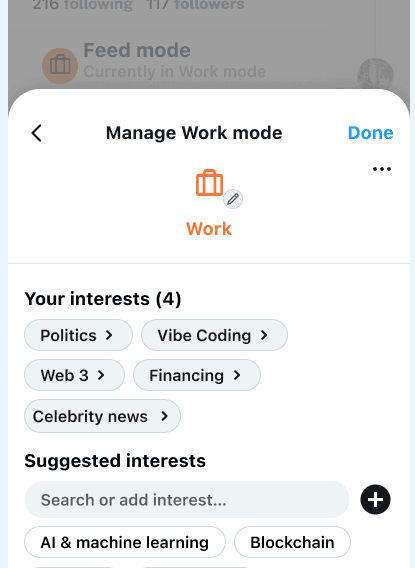 Manage Work mode: interests as chips with chevrons