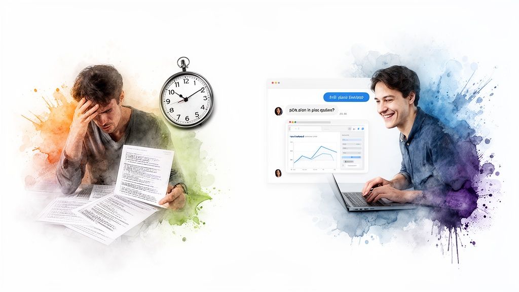 Man stressed with papers and stopwatch vs. man smiling, using laptop for collaborative data.