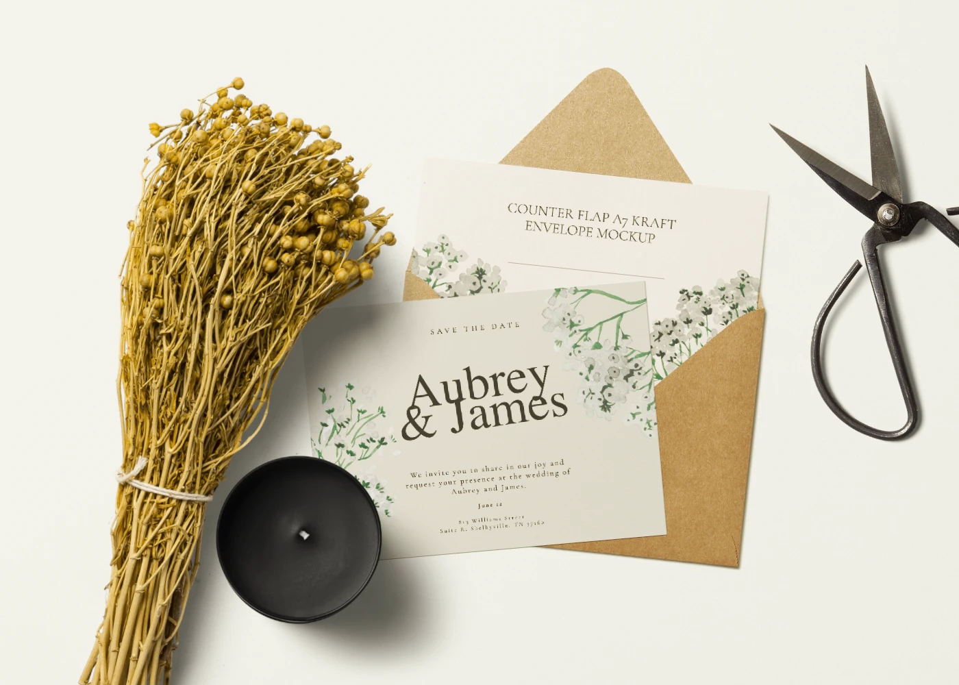 Envelope mockup for wedding invitation with props