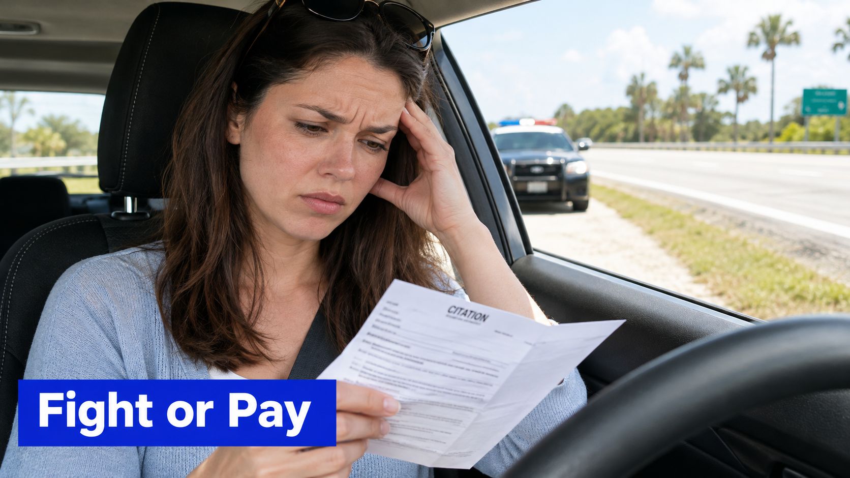 A woman looks stressed while holding a traffic citation inside a car with a police cruiser behind.