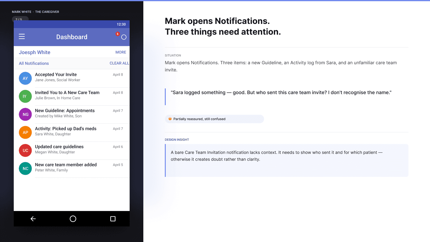 ervUS Health caregiver screen: Mark reads the latest updates on his father's care status board.