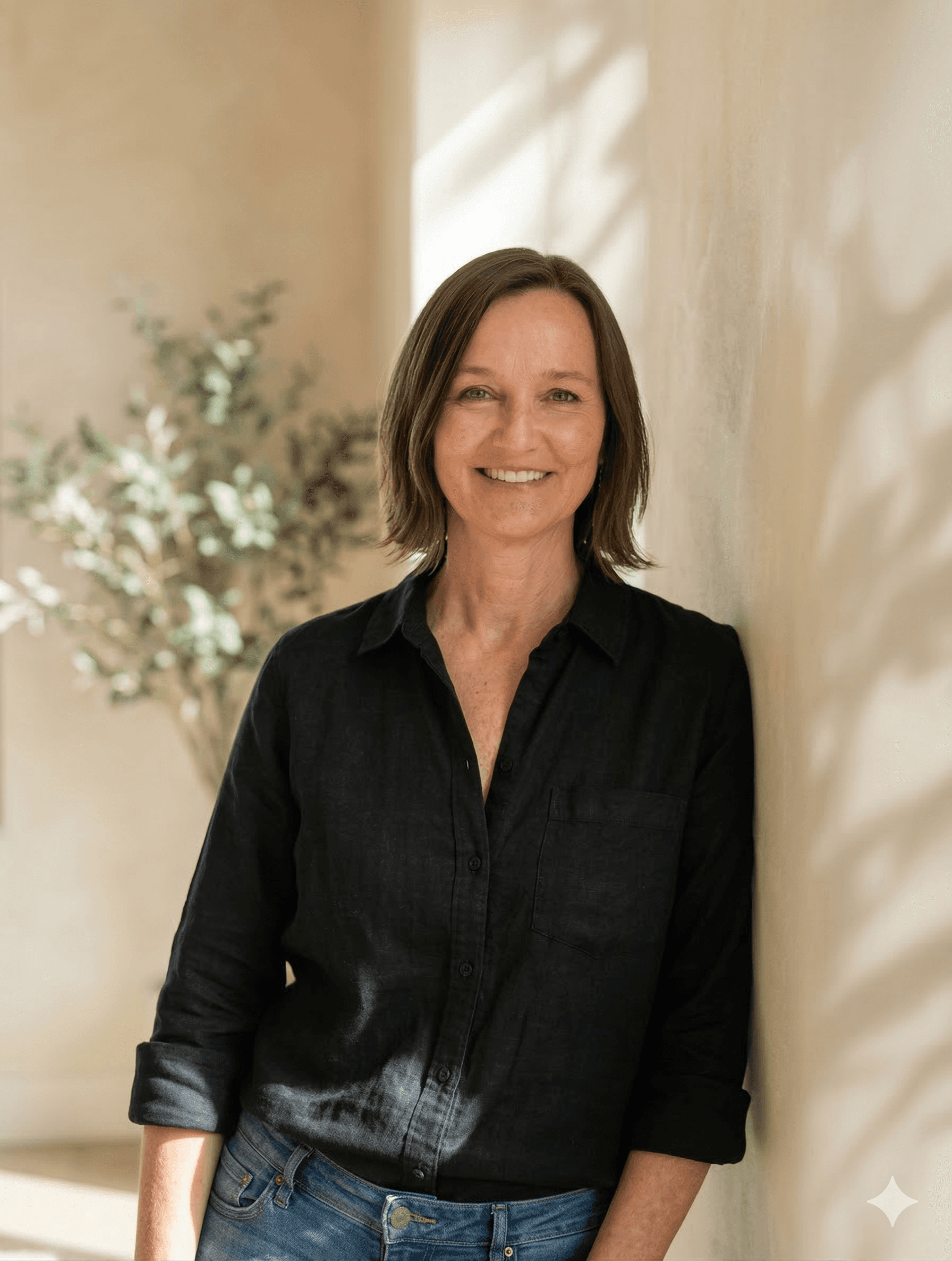 Portrait of a person in a pink sweater against a light background