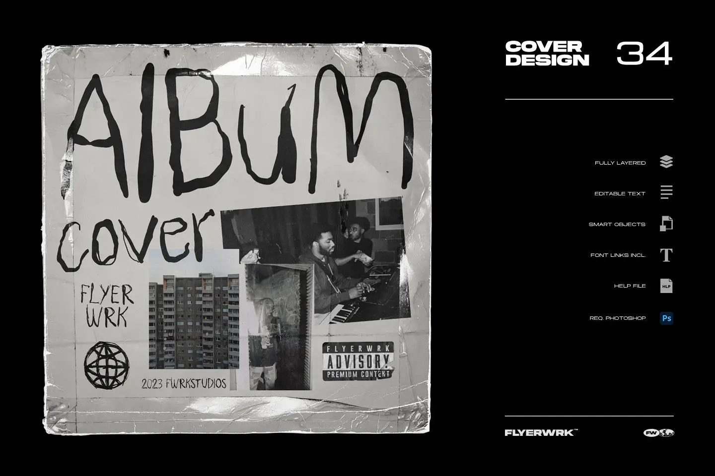 Brutalist album cover template featuring large hand drawn typography and urban photography elements