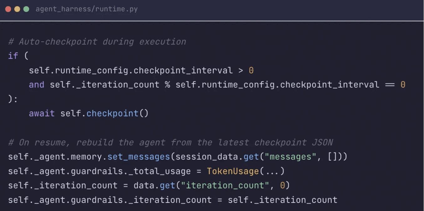 Python code showing the AgentRuntime wrapper around the base agent, with explicit hooks for checkpoint, resume, and cleanup]