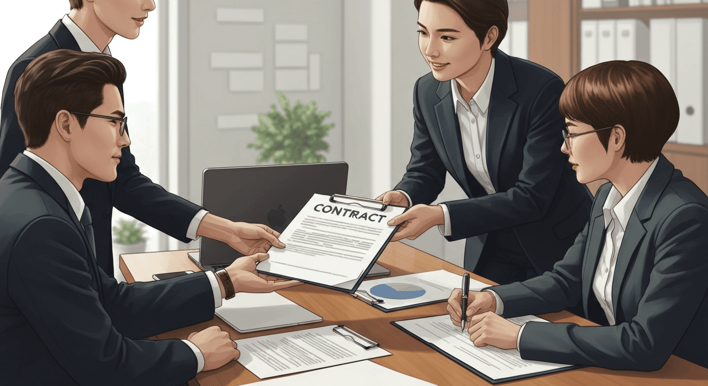 Colleagues exchanging contract documents