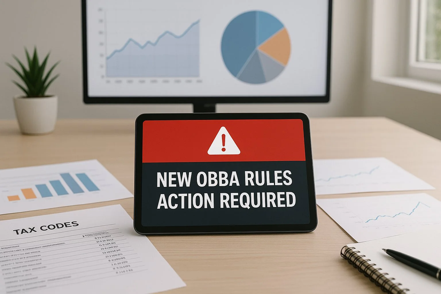 Modern office workspace with charts and tax documents, and a tablet displaying an alert about new OBBBA rules requiring action.