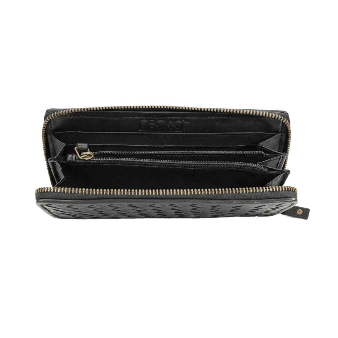 Black wallet with gold accents on a white background