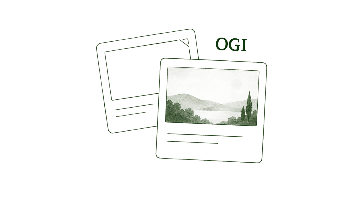 Line drawing of two link preview cards, one empty and one showing a clear image, title and description.