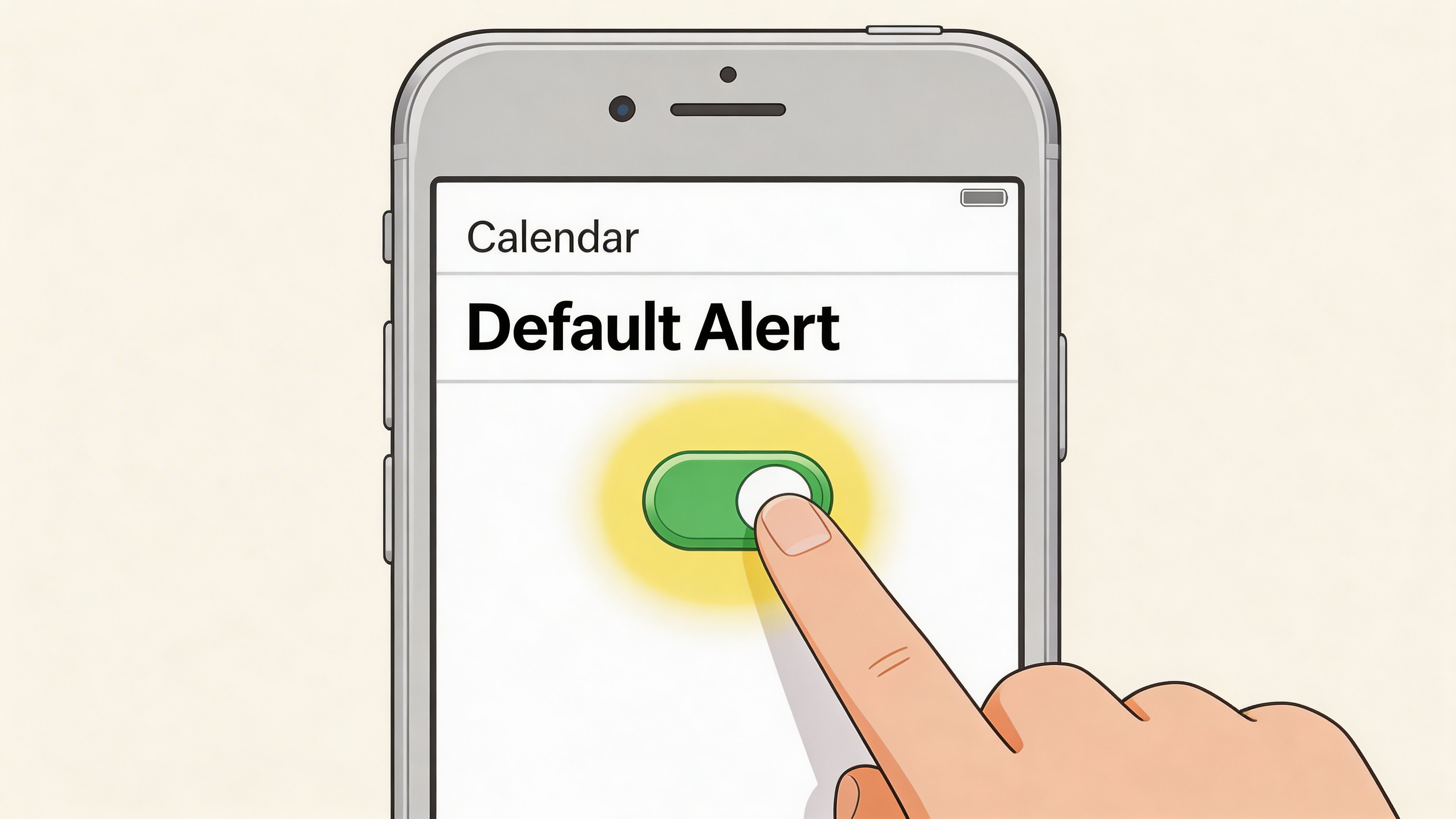 A digital illustration of a finger tapping an on-off toggle switch on an iPhone calendar app screen.