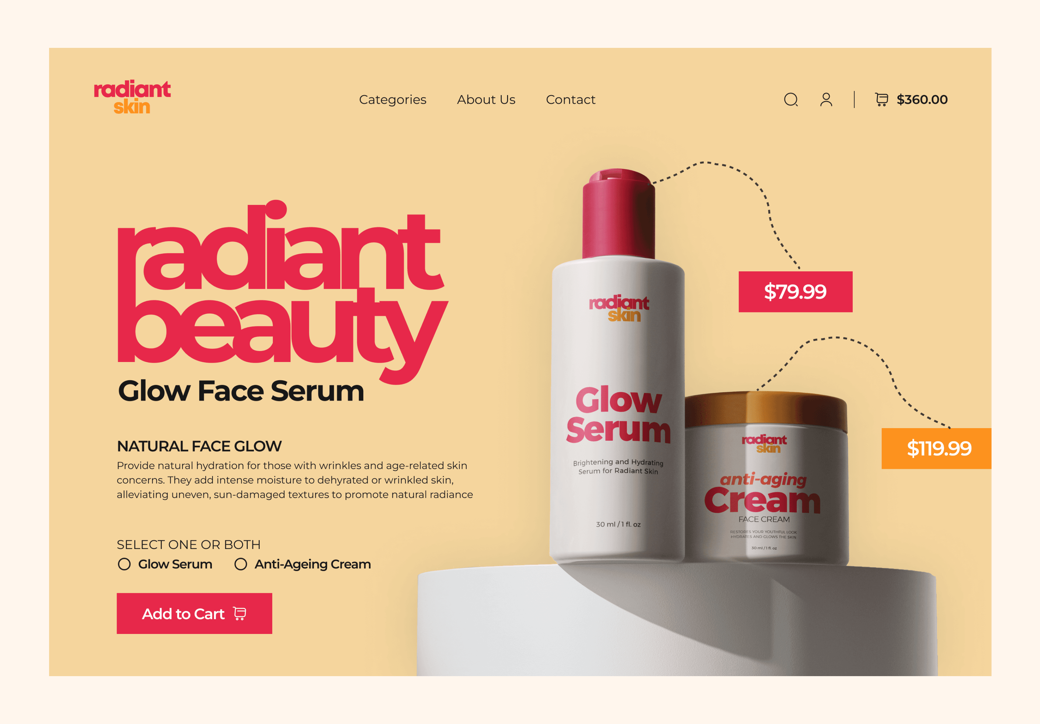 Landing page design for Radiant Skin on Shopify, featuring a clean UI, soft skincare product imagery, and emphasis on user-friendly navigation.