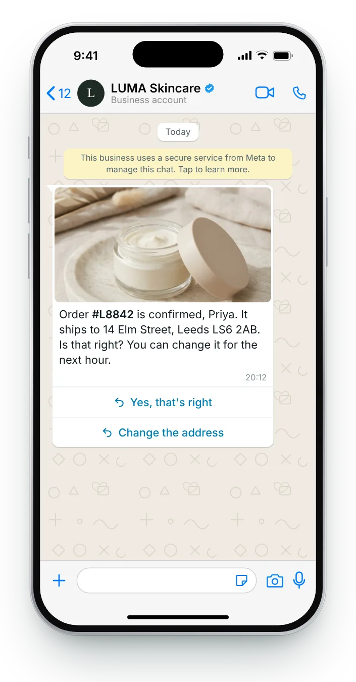A short window to correct details: WhatsApp order confirmation on an iPhone