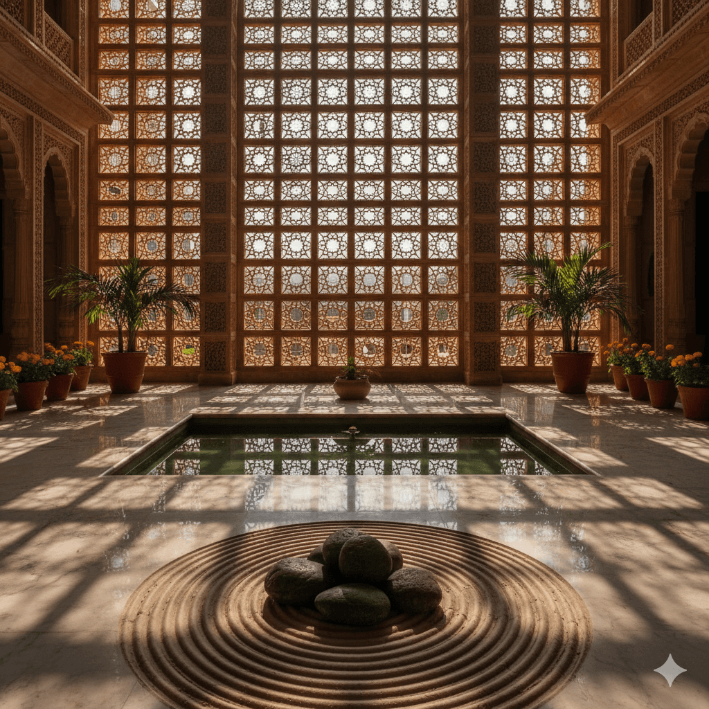 Intricate Rajputana-style stone architecture and tranquility deck for M3M premium homes, Jaipur