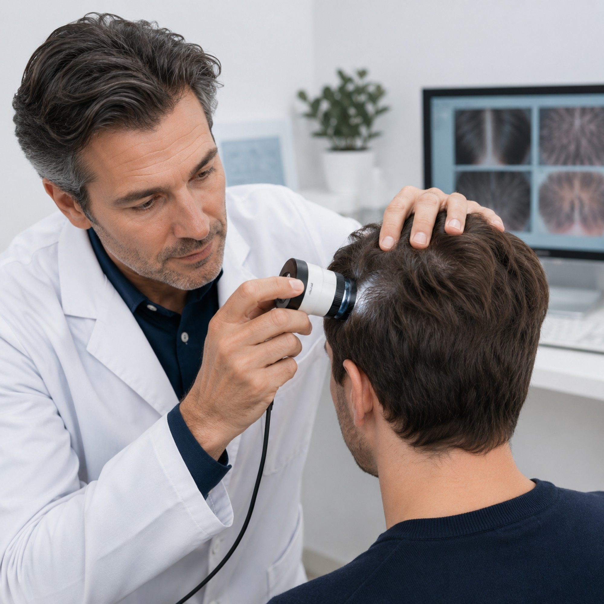 Haardokter onderzoekt de hoofdhuid van een patiënt met een dermatoscoop tijdens een medisch haarconsult om de oorzaak van haarverlies vast te stellen.