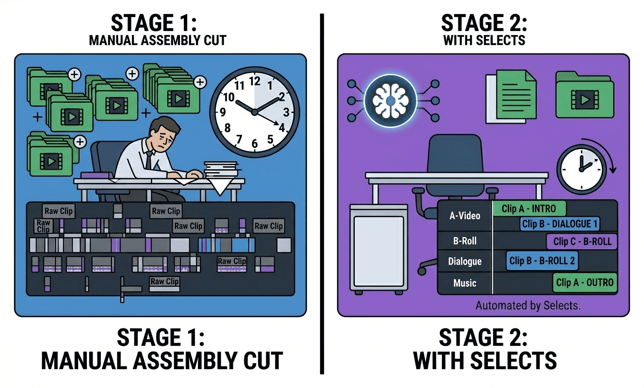 Side-by-side comparison showing a manual assembly cut workflow taking several hours versus the same stage automated by Selects in significantly less time