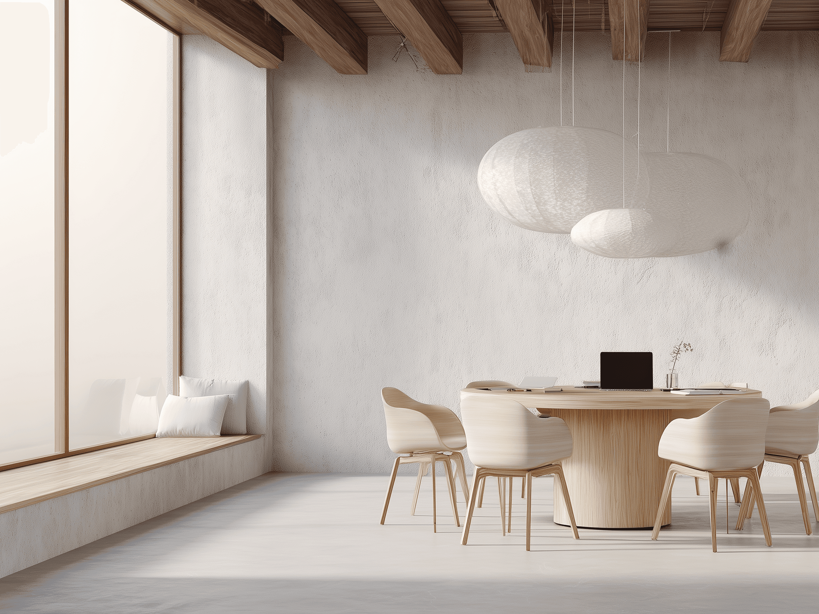 Modern living room with white sofa and large window.