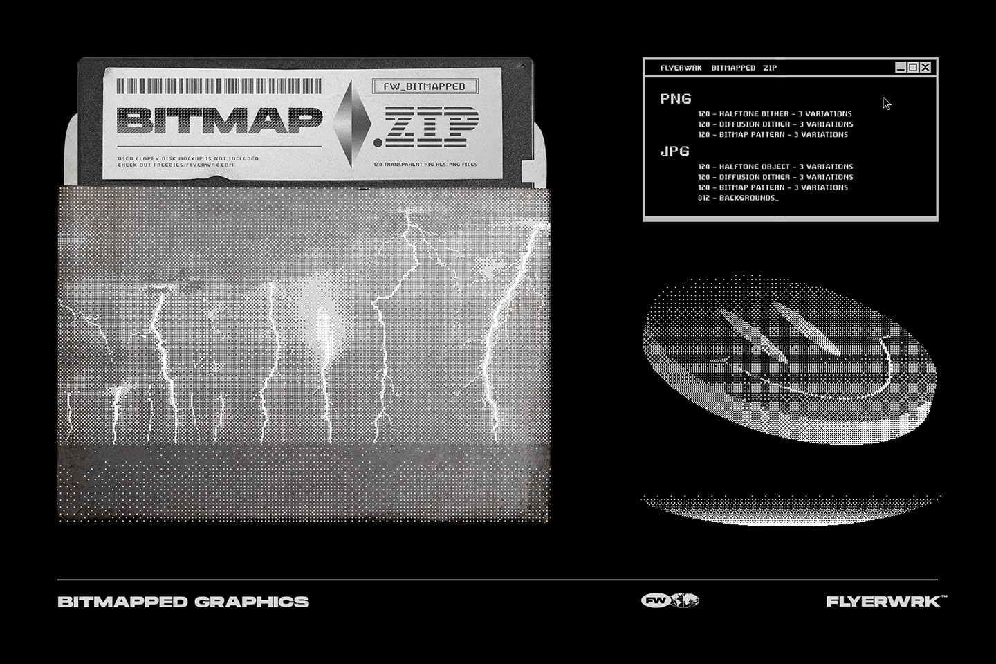 Bitmapped design elements floppy disk mockup and 3D dithered smiley face for retro futuristic branding