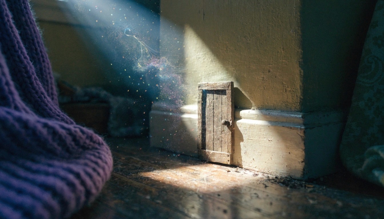 A wide-angle, cinematic hyper-realistic 8k photograph of a miniature, rustic unpainted #8C7D64 Aged Bronze-toned wooden door nestled tightly against the baseboard of an old, cozy closet.