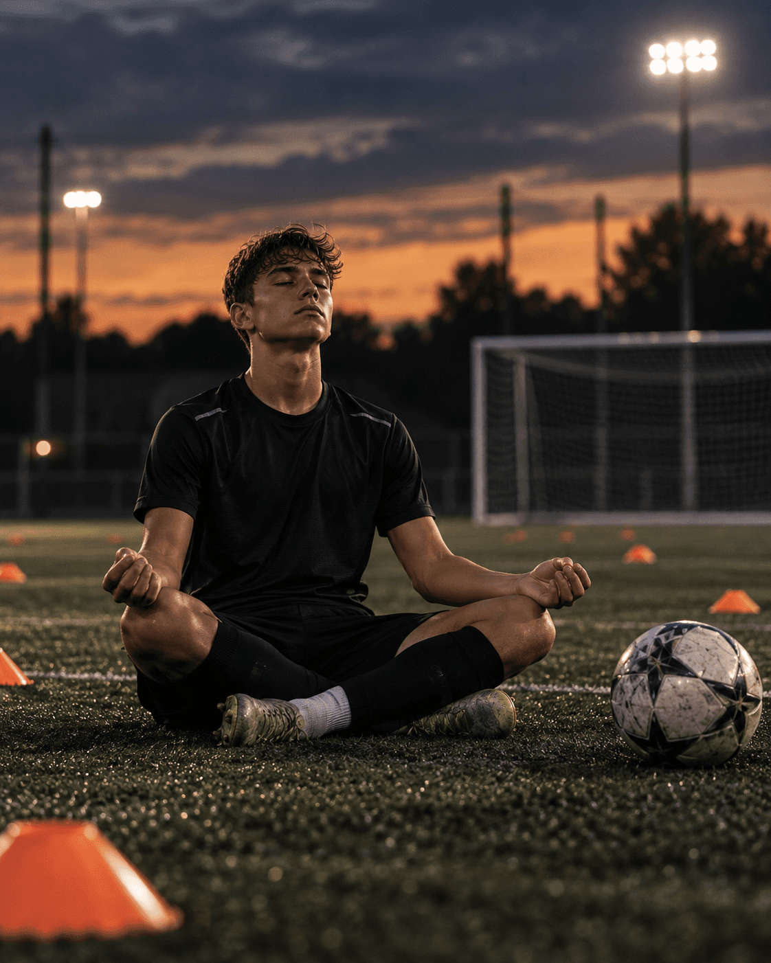 Preparazione individuale su un campo da calcio con pallone e coni