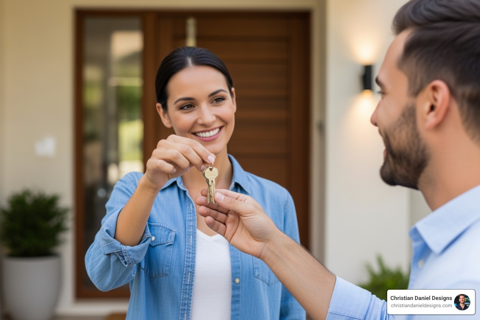 me, a realtor, happily handing keys to a new homeowner - real estate video editing outsourcing