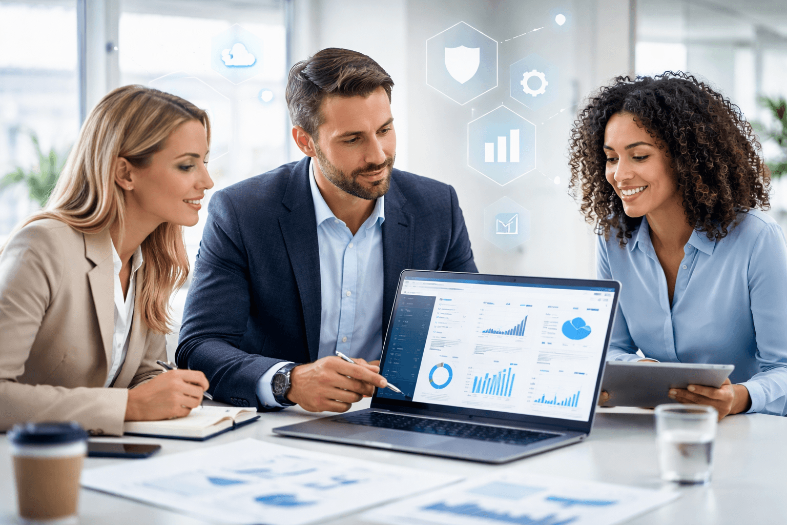 grupo de pessoas analisando gráficos