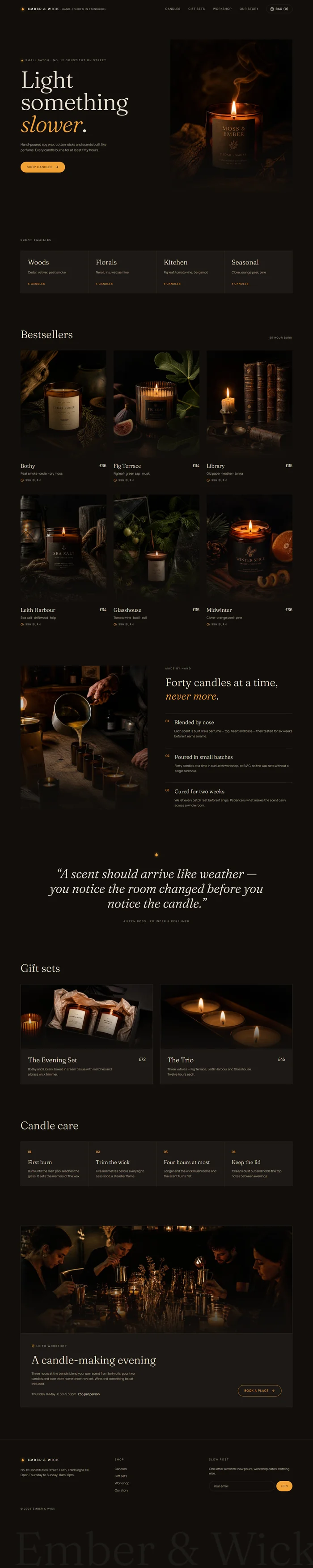 Full page of an AI-generated candle shop website with dark hero, scent families, bestsellers, handmade process, gift sets and workshop