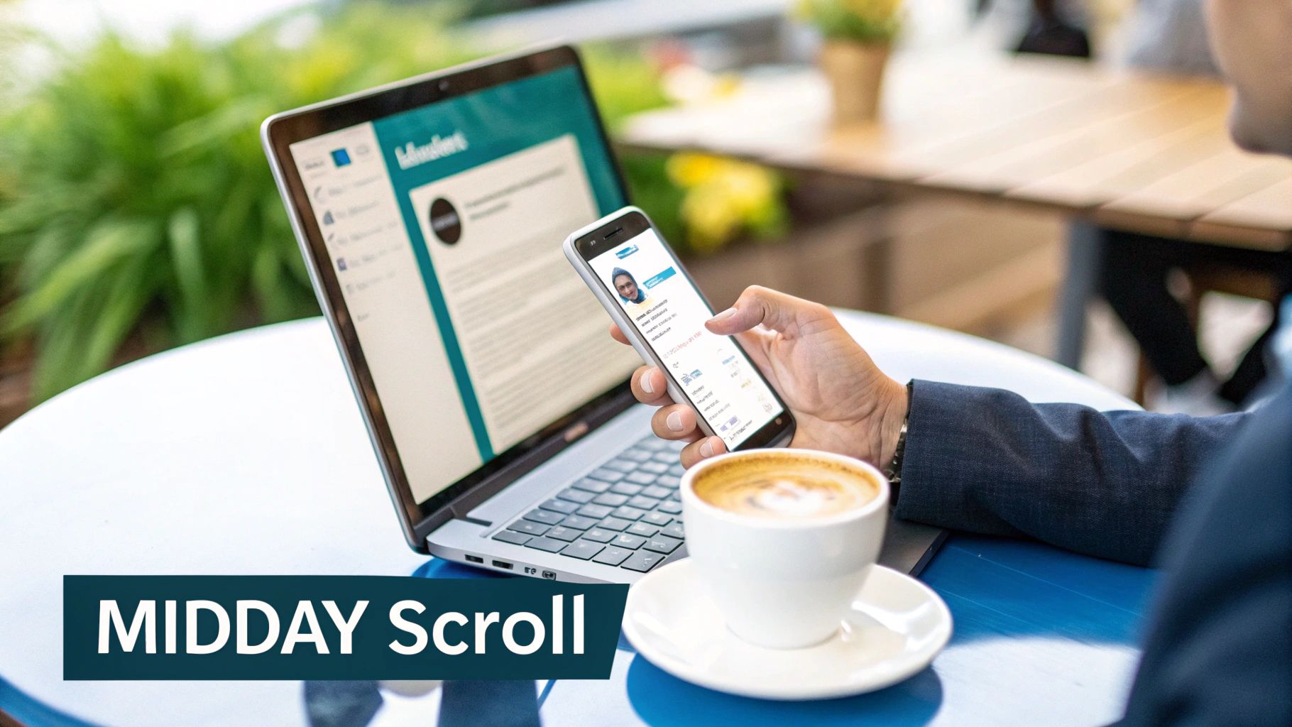 Man scrolling on phone and working on laptop at an outdoor cafe with coffee.