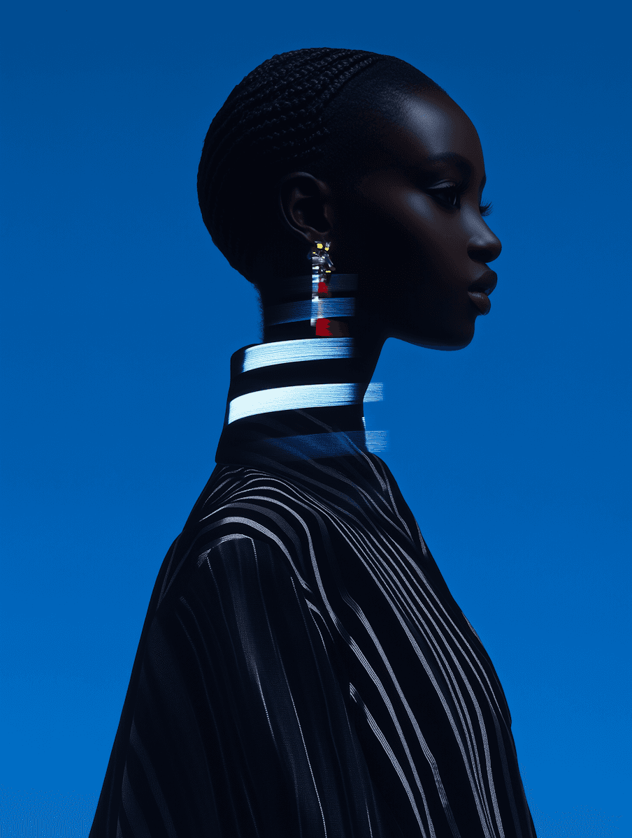 A side profile of a model with dark skin, wearing bold earrings and a black outfit against a blue background.