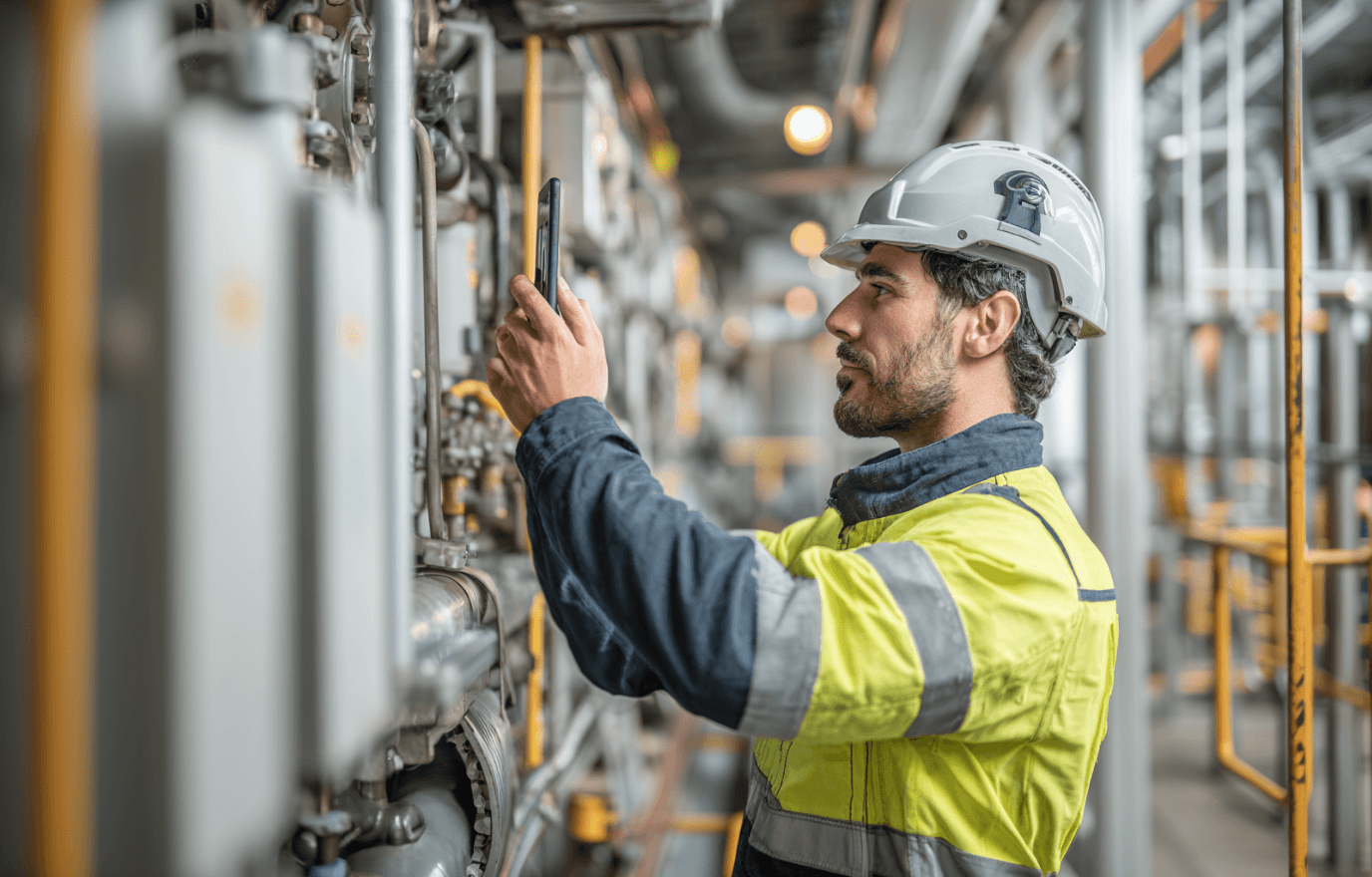 Man in factory, taking a picture with his phone.
