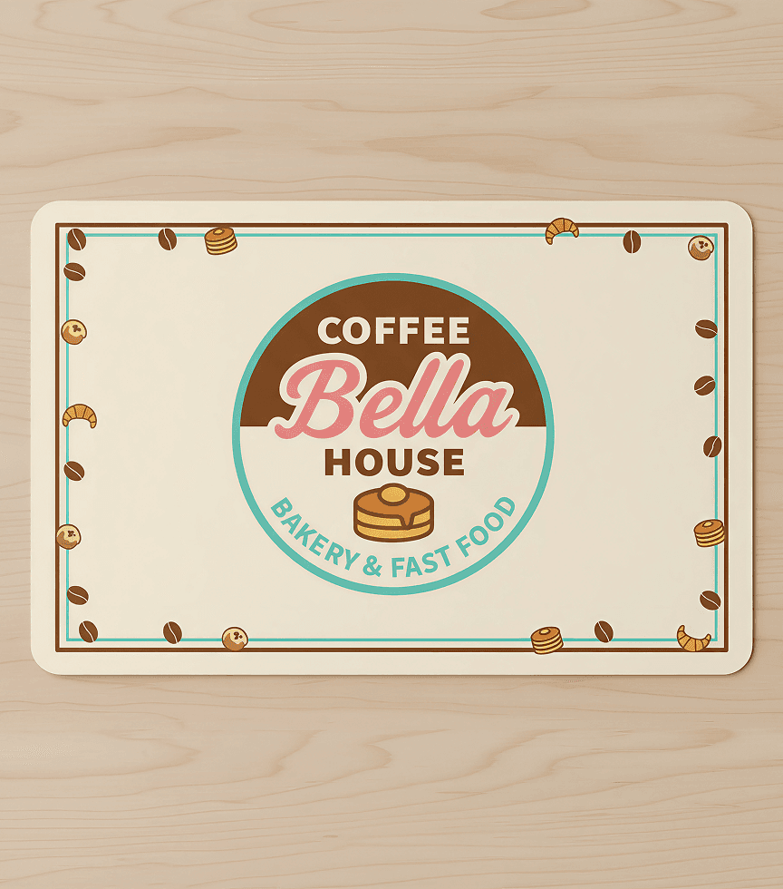 Mockup of Coffe Bella House logo applied on table placement