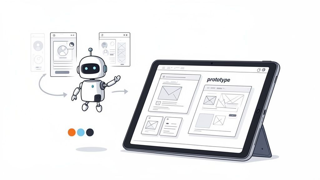 A friendly white robot assisting with app design wireframes and prototypes on a digital tablet.