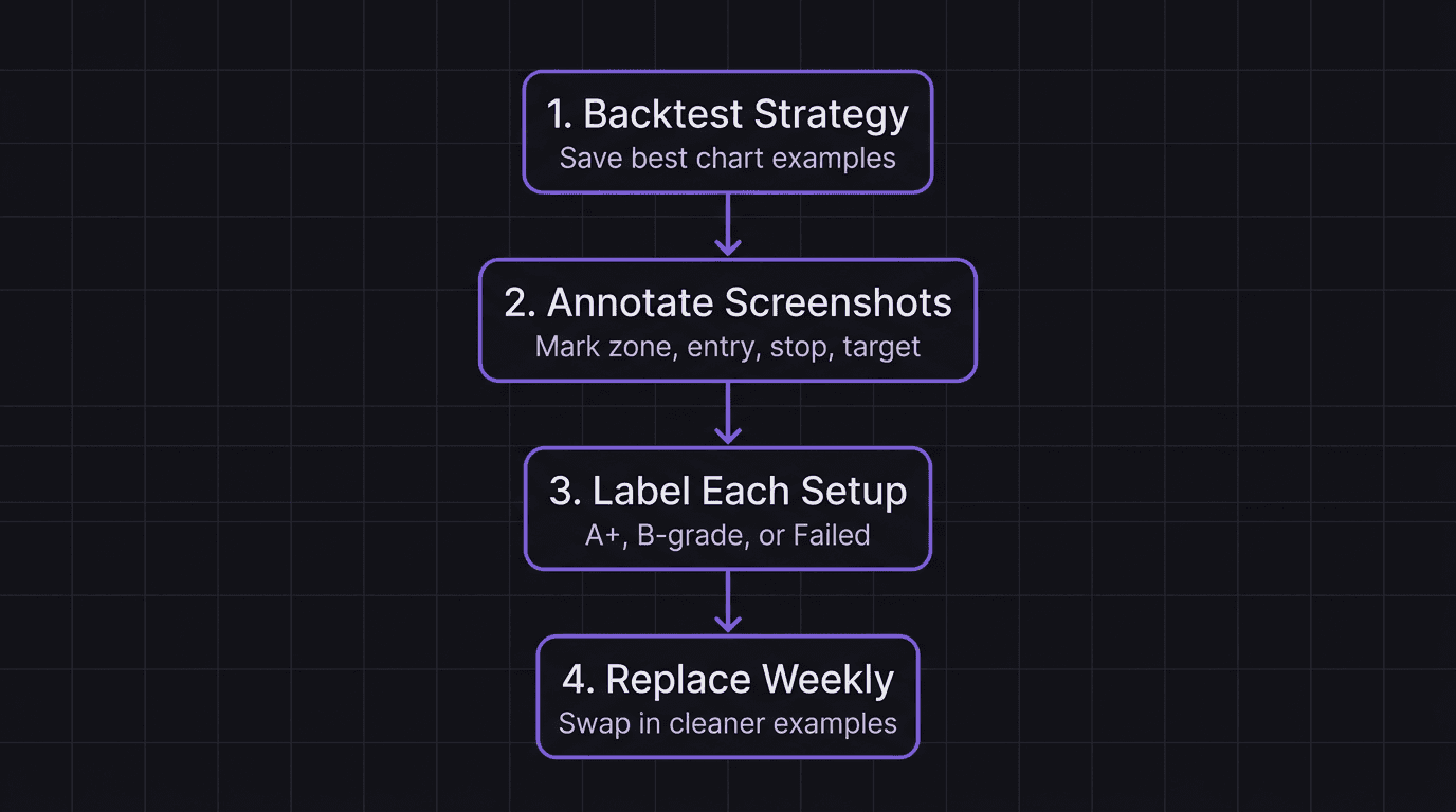 Flowchart showing the process of building a screenshot library for a trading playbook