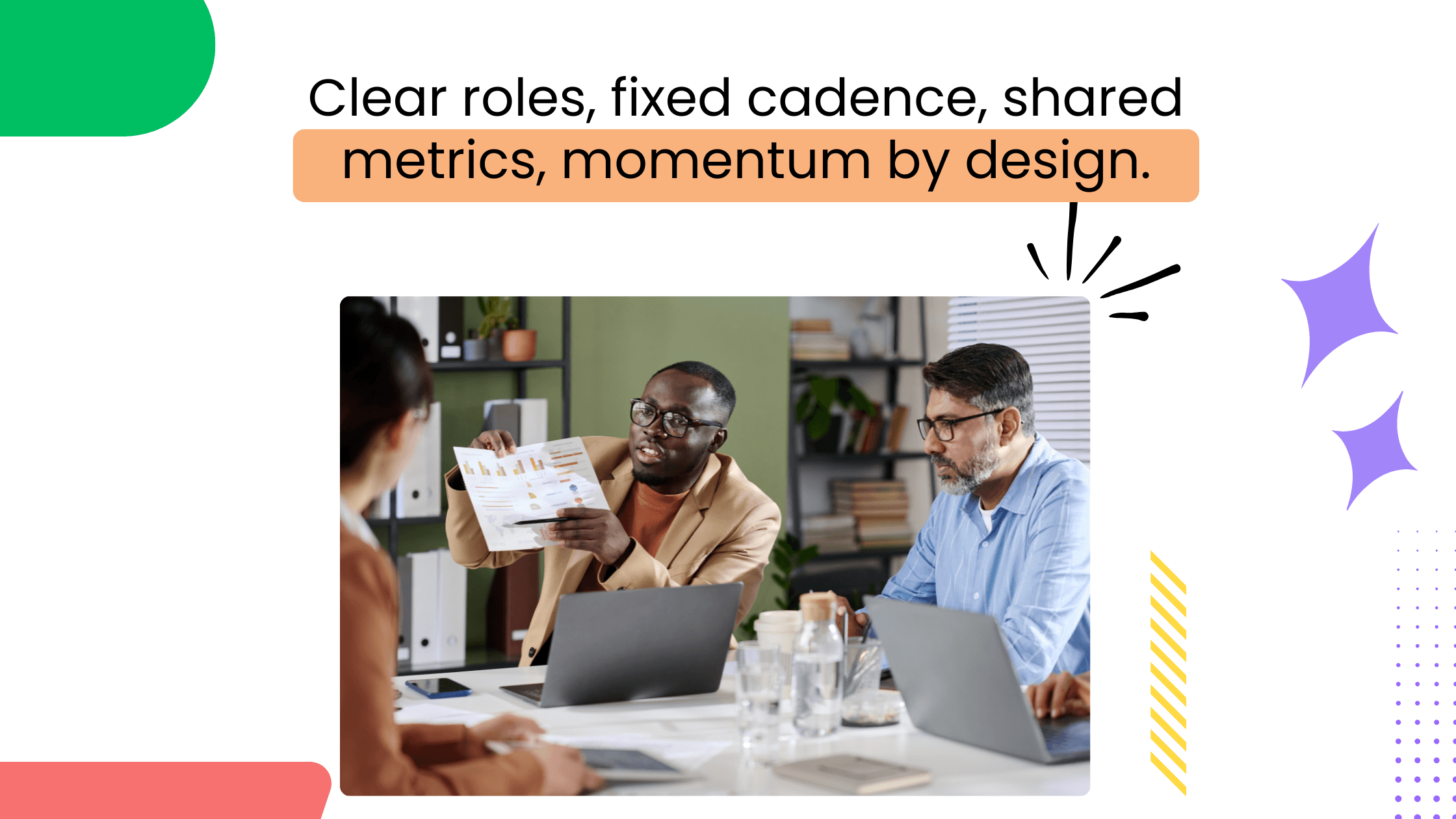 A coach and clients in meeting reviewing charts on laptop, with headline about roles, cadence, and shared metrics.