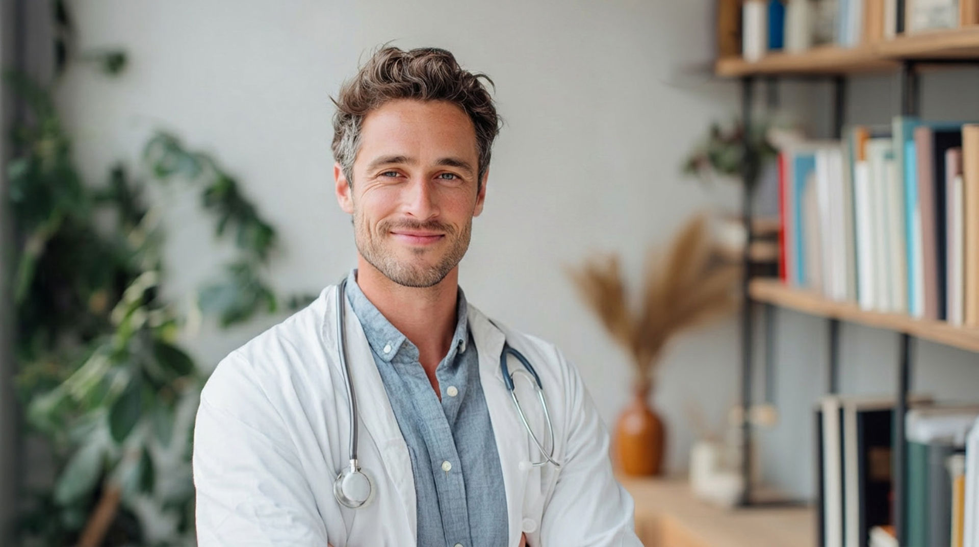 Smiling male doctor with stethoscope in a modern clinic — premium care delivered to your door
