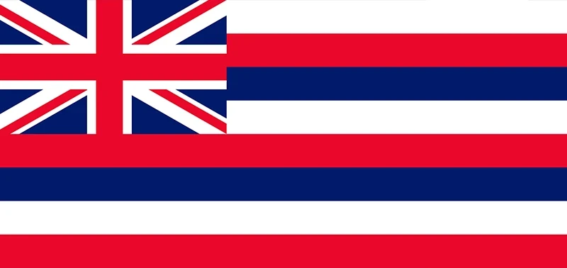 The image shows the flag of Hawaii, featuring a British Union Jack in the top left corner and horizontal stripes of white, red, and blue.