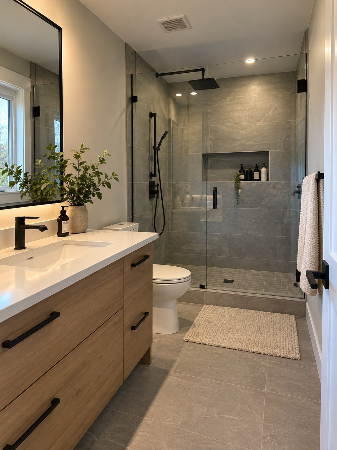 Modern bathroom featuring a walk-in shower, wooden vanity, round mirror, and elegant marble tiles.
