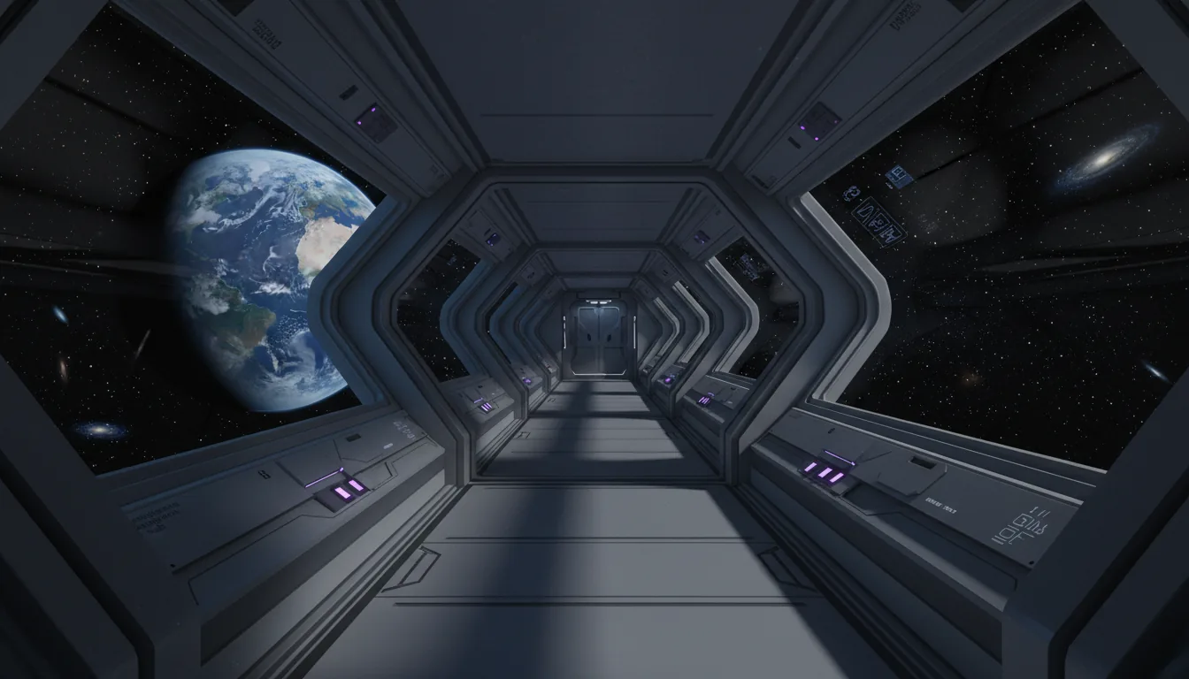High-detail 3D render of a futuristic sci-fi space station corridor, Unreal Engine 5 aesthetic. Eye-level view down a metallic walkway lined with large, angled viewport windows. One window shows a partial view of a realistic blue Earth against the blackness of space, while other windows reveal a dense starfield. The interior features hard-surface modeling with matte grey and white industrial panels, with faint, abstracted sci-fi text labels. The scene is lit with cinematic, moody lighting, featuring cool-toned global illumination, deep shadows, and small purple emissive lights on the lower consoles.