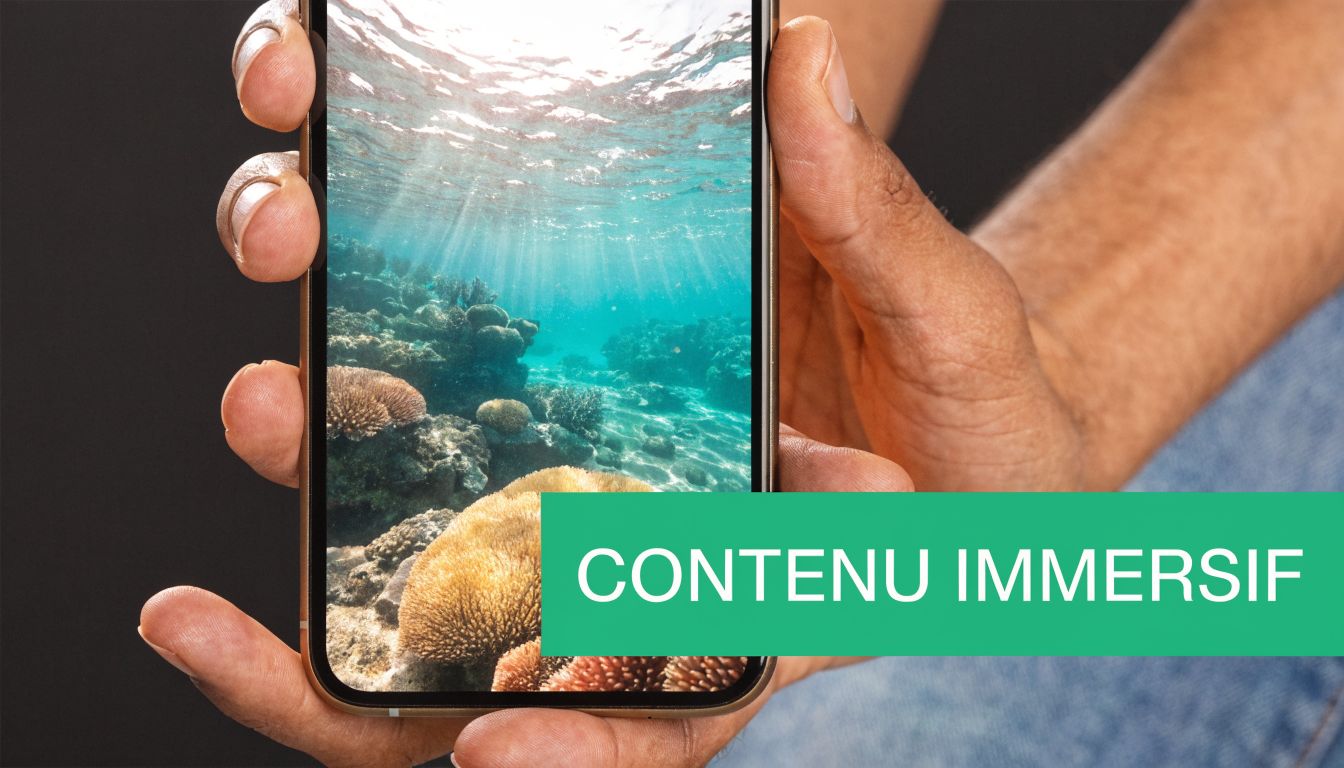 Une main tenant un smartphone affichant une image sous-marine avec un bandeau texte vert Contenu Immersif.