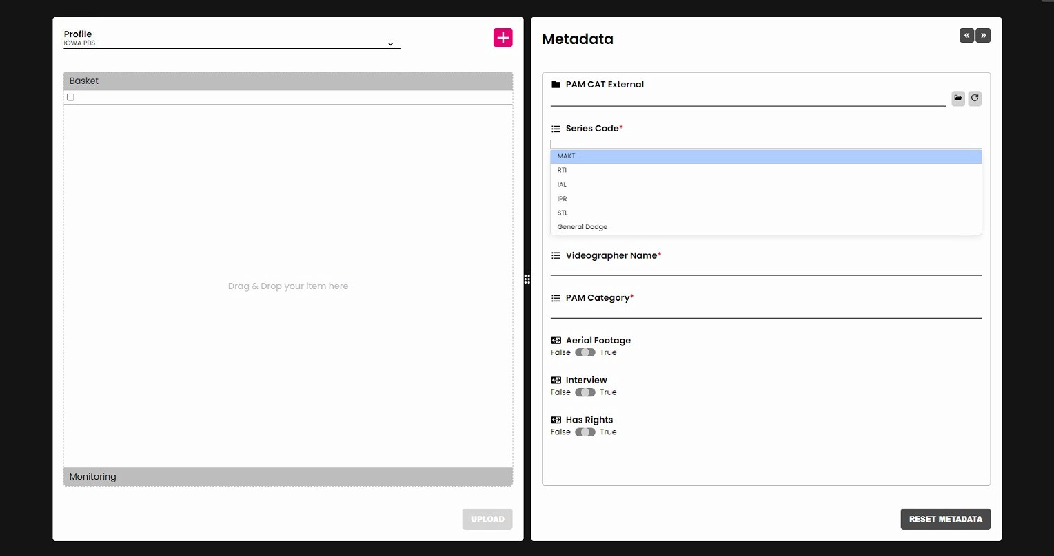 IN2IT Exchange metadata editor interface showing custom fields for PAM category, series code, and media rights management.