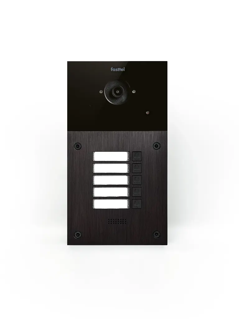 Black smart home device with screen showing time and temp