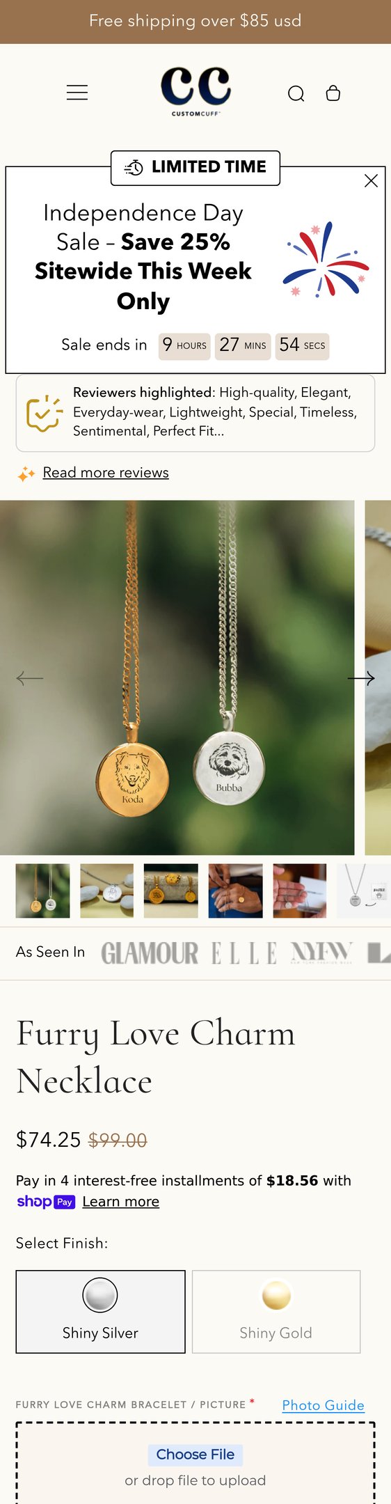 Jewelry product options include: necklace, pendant for Furry Love Charm Necklace from Customcuff.