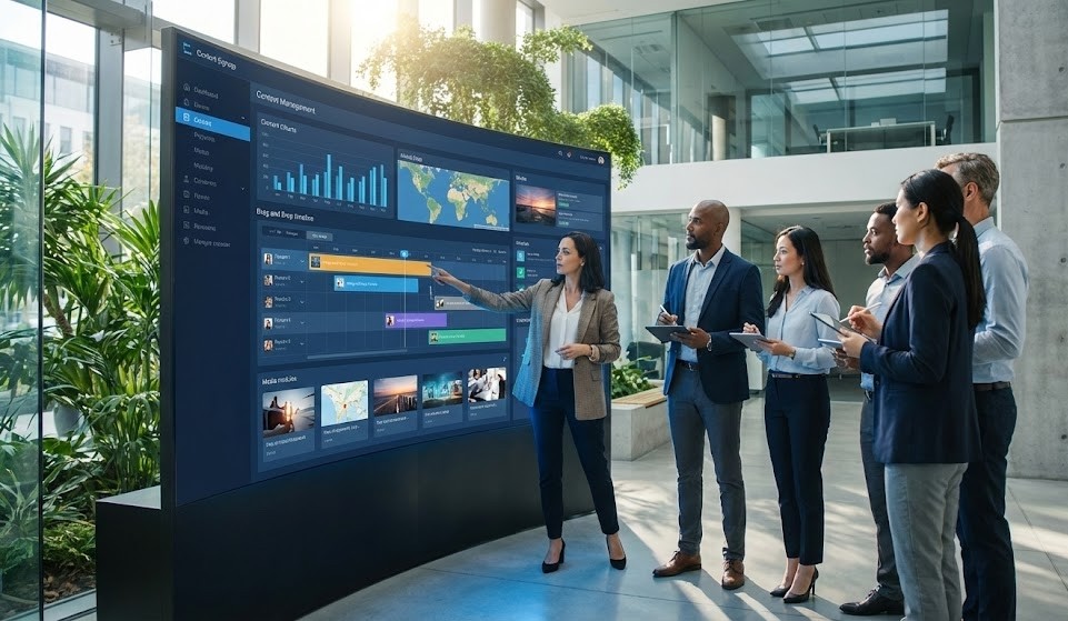 Um grupo de seis profissionais analisa um grande ecrã digital curvo num lobby empresarial moderno e iluminado. Uma mulher aponta para um painel de controlo que exibe gráficos, mapas e uma cronologia de projeto, apresentando informações aos colegas que observam e seguram tablets.