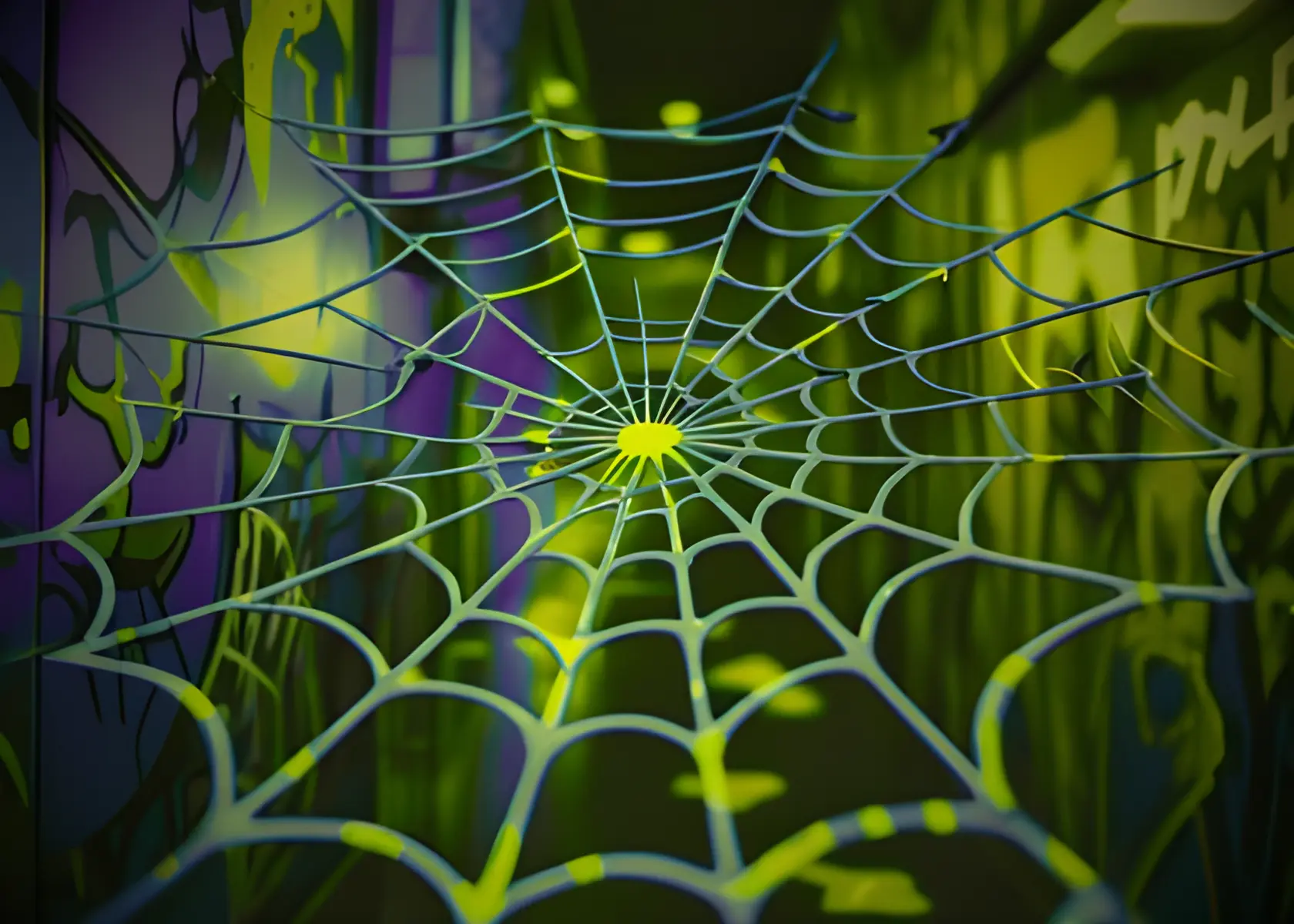 Une toile d’araignée futuriste suspendue dans un couloir lumineux aux couleurs néon, symbolisant les connexions numériques et le réseau marketing de Digit-ID.