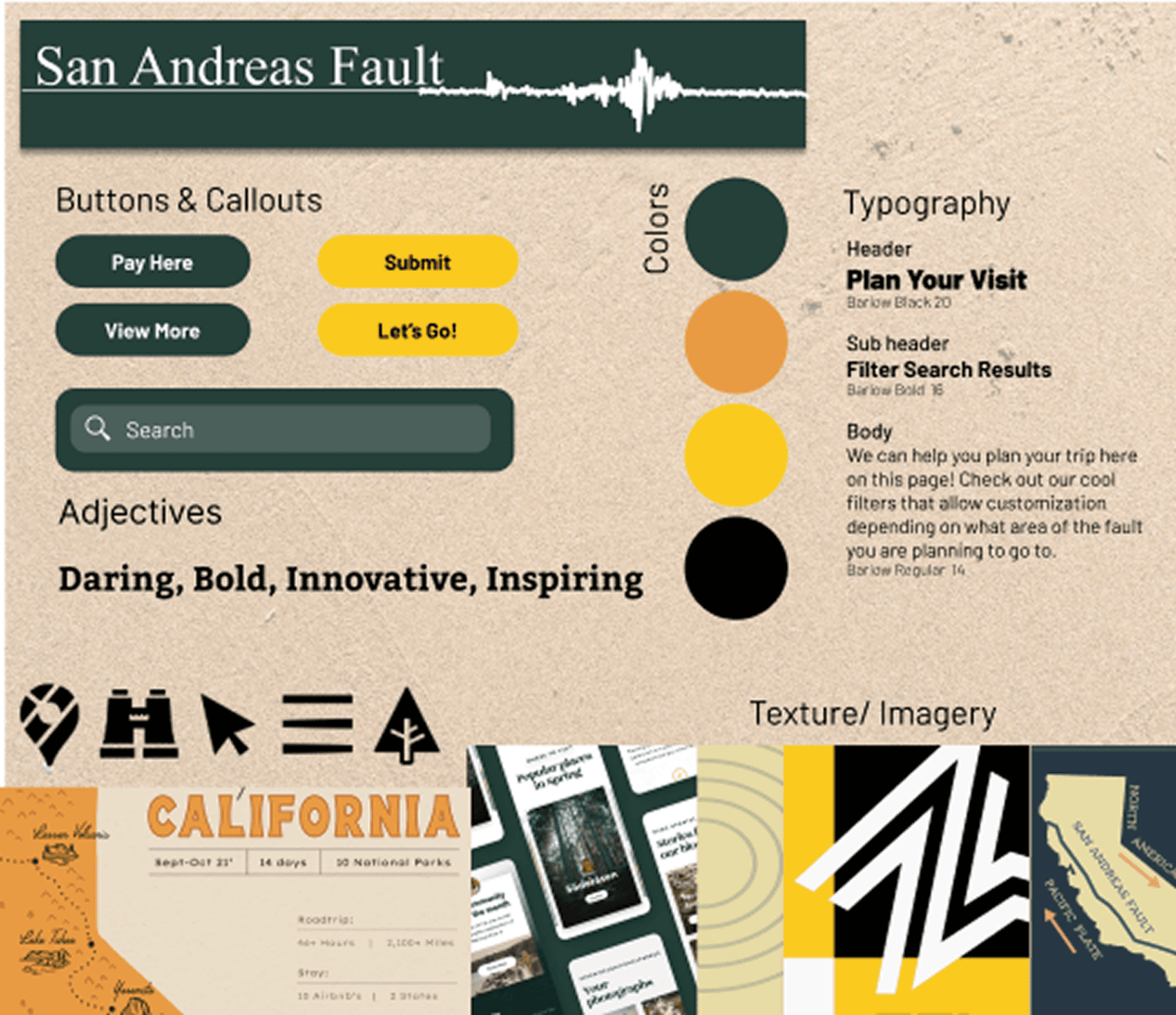 Style guide with colors, typography, and buttons