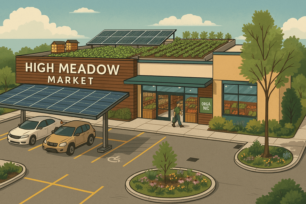 Illustration of High Meadow Market, a sustainable grocery store concept with rooftop gardens, solar panels, and organic produce. Two cars are parked under solar carports, and a person is entering the market.