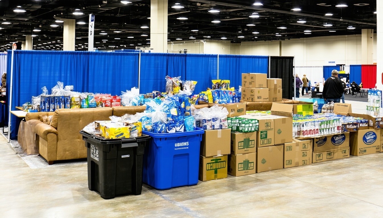 donation stations at the trade show floor where we collect unused giveaways furniture and carpet-1