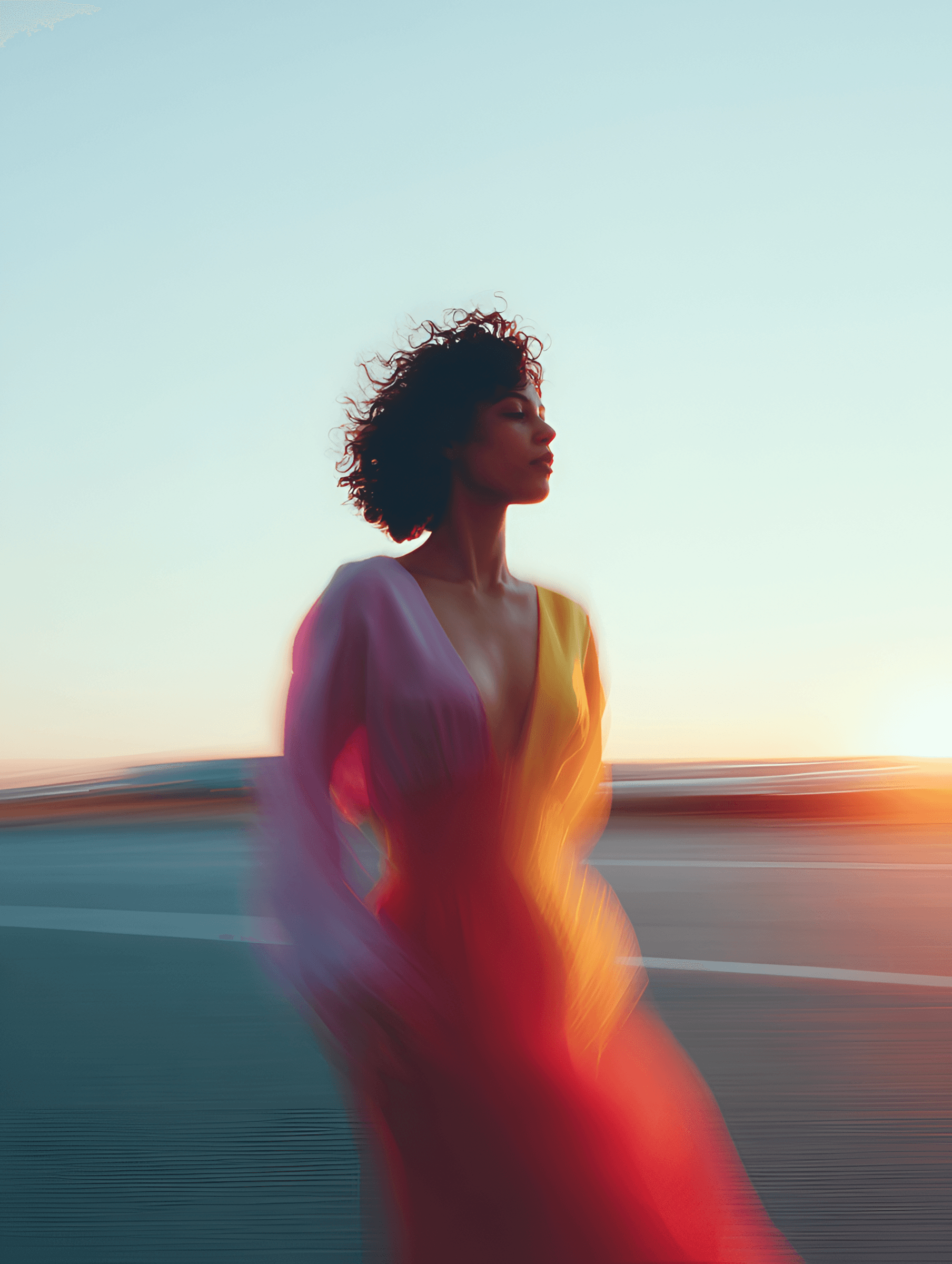 Woman standing in warm golden light at sunset, wearing a pink dress.