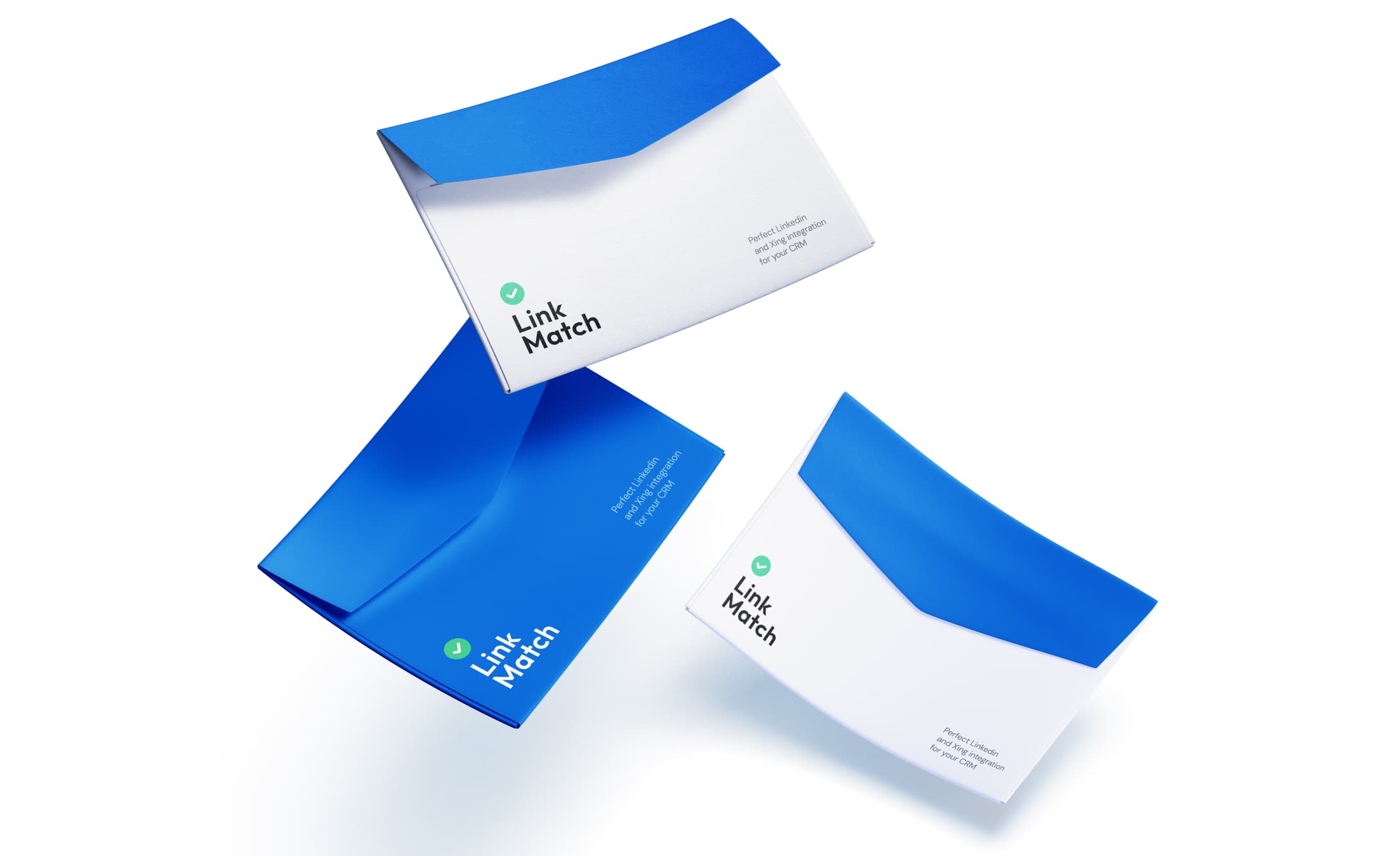 LinkMatch branded envelopes in blue and white displayed in a floating promotional composition