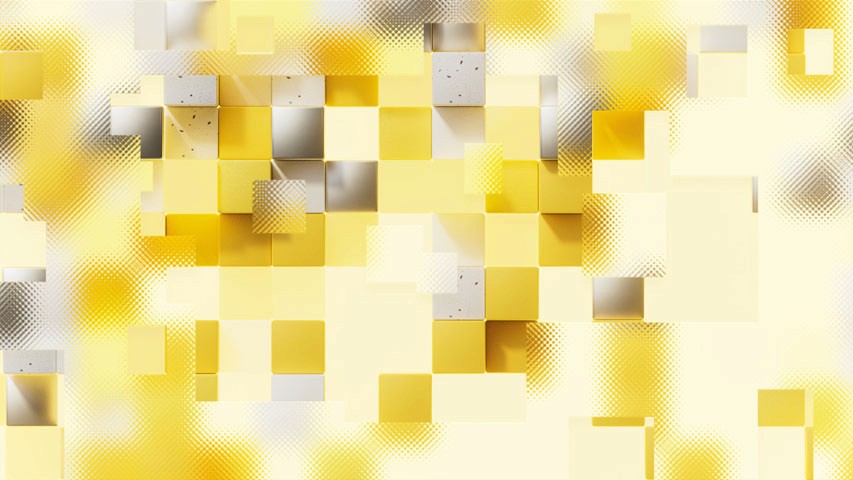A composition of multiple cubes with different materials, from glass to metal to plastic, sitting on top is a piece of stylized glass